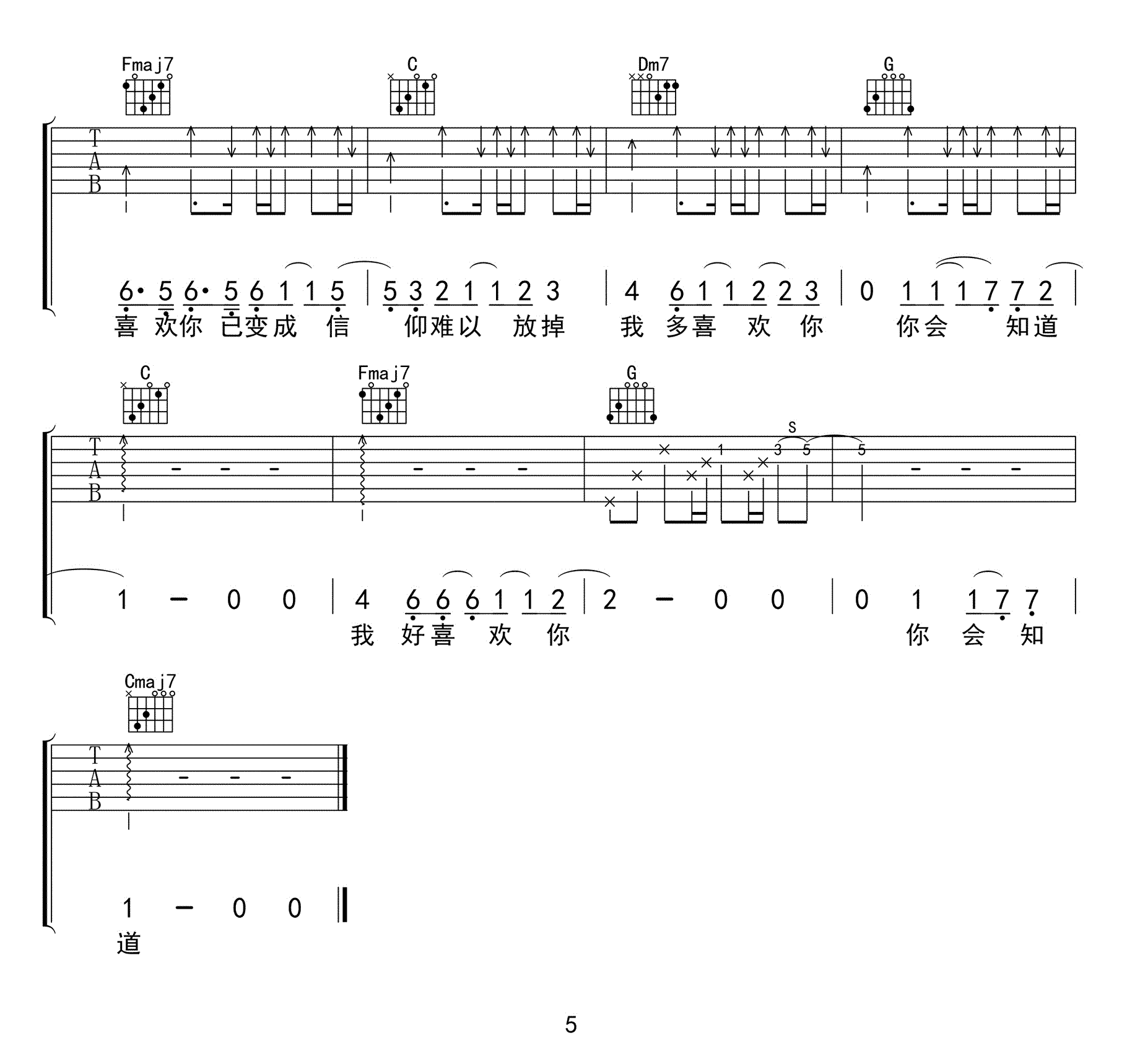 我多喜欢你你会知道吉他谱