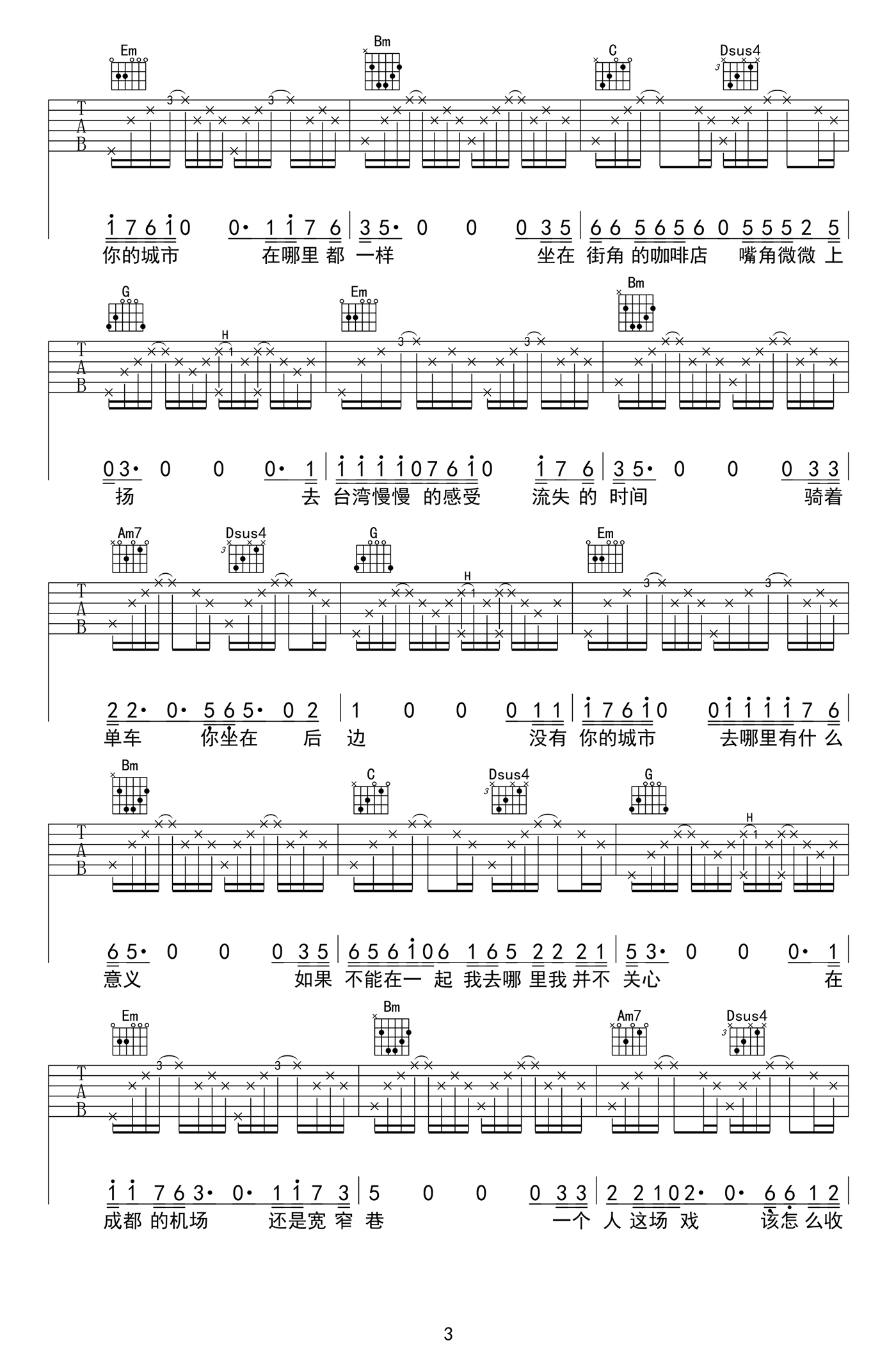 没有你的城市在哪里都一样吉他谱