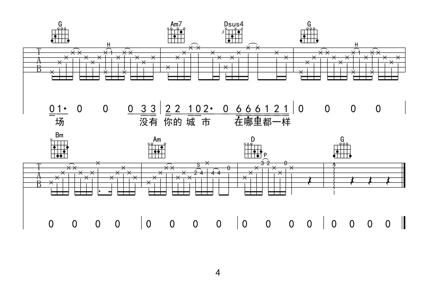 没有你的城市在哪里都一样吉他谱